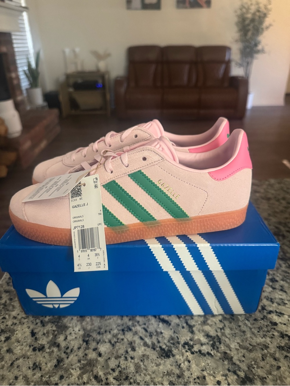 adidas Kids Gazelle Pink Suede Sneakers with Green Stripes